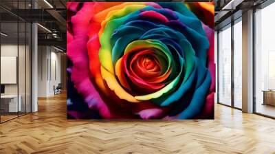 Floral background with rainbow colored roses top view. Beautiful rainbow colored rose close up. Macro rose on the table. Colorful rainbow rose with petals. Panorama. Banner. Space for text and design Wall mural