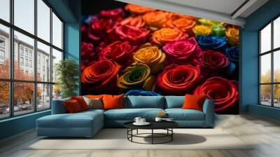 Floral background with rainbow colored roses top view. Beautiful rainbow colored rose close up. Macro rose on the table. Colorful rainbow rose with petals. Panorama. Banner. Space for text and design Wall mural