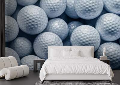 Many golf balls together closeup isolated on white. Textured background of used golf balls. Professional sports industry, equipment hobby participation. White golf balls background. Banner. Close up  Wall mural