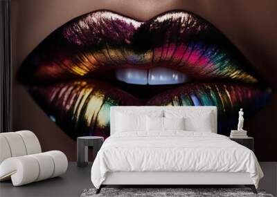 Rainbow colored lips isolated on plain background, luxury glamor art, mouth cropping. Colored glitter makeup. Colorful sexy lips, rainbow glitter art. High fashion glamor and beauty trend Wall mural