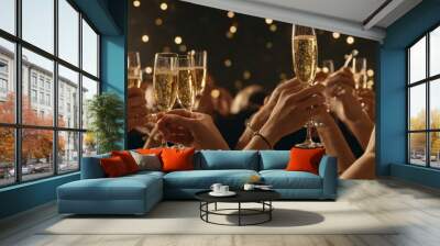 Sparkling champagne flutes with festive Christmas background. Happy New Year and wedding concept. Banner Wall mural