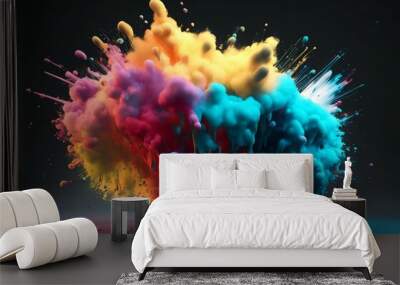 Splash of colorful liquid paint splashes isolated on black background. Ink colorful spray on the black background. Abstract watercolor background  Wall mural