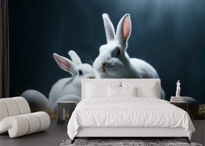 Two white Easter bunnies on a dark background among eggs Wall mural