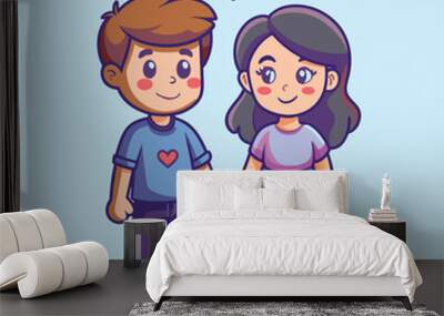 cute couple boy and girl huge cartoon vector illustration Wall mural