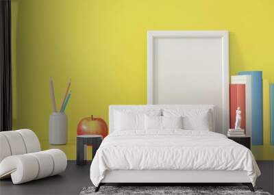 3D cartoon style. A pencil and two white blank frames with books and an apple on the table against a yellow background, Wall mural