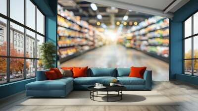 A blurred background of a grocery store interior with shelves filled with products, Wall mural