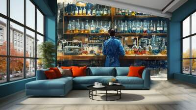 A man is standing in front of a bar with many bottles on the shelves Wall mural