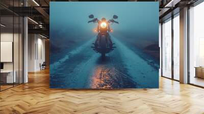 A motorbike's headlight illuminating a foggy road at twilight , free space for text --ar 3:2 --stylize 750 --v 6 Job ID: 3810f75c-69dc-4cbb-a070-3ba40f58a668 Wall mural