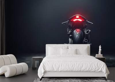 A motorcycle is shown in a dark room with a red tail light Wall mural