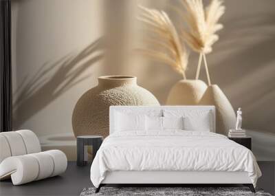 Beige ceramic vase with circular pattern on a white table, another vase and pampas grass nearby, in a minimalist style Wall mural