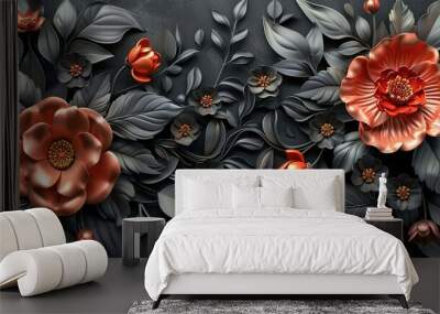 Black floral ornament background decorative design red leaf text holiday abstract celebration concept Wall mural