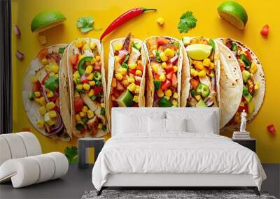 Colorful tacos with chicken, vegetables and corn on yellow background, top view. isolated. Wall mural