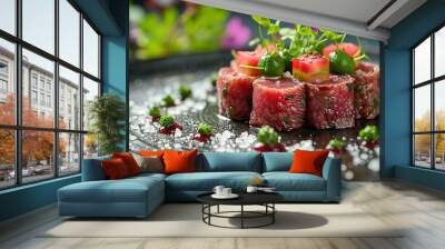 food fresh meal gourmet red dish tasty cuisine green delicious plate restaurant dinner raw tuna fish healthy Wall mural