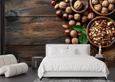 food healthy ingredient snack brown walnut vegetarian tasty nut nature diet organic wooden table hazelnut background Wall mural