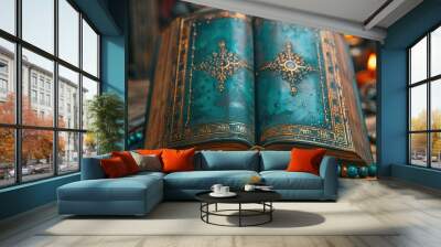 Holy Book Quran with tradition eid praying kareem decoration month mosque worship beads culture light Wall mural