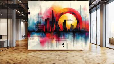 Minimal geometric background art skyline architecture city cityscape background abstract modern design urban colorful illustration Wall mural