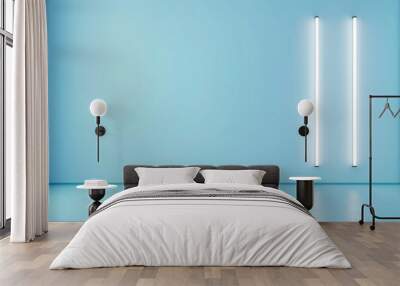 Minimalist light blue background with soft lighting and large white space, featuring three vertical LED lights on the right side of the frame. Wall mural