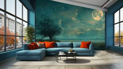 night sky landscape dark background moon nature light tree blue silhouette fantasy star space forest Wall mural