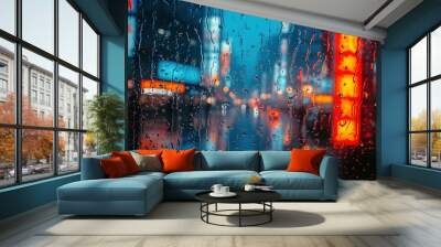 rain wet window raindrop weather water street city abstract drop road storm dark blue background Wall mural