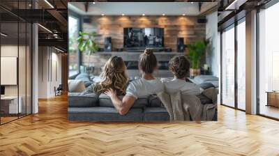 Three people are sitting on a couch in a living room, watching television Wall mural