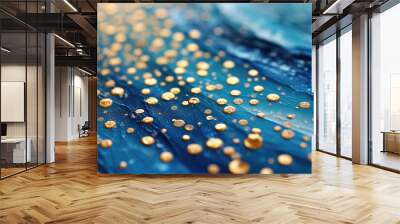 water background texture rain abstract surface liquid drop blue dew macro wet closeup pattern, golden and blue metallic balloons copy space for text Wall mural