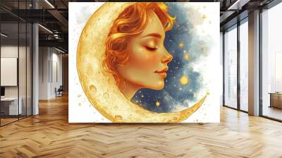 A woman is sleeping on a crescent moon Wall mural