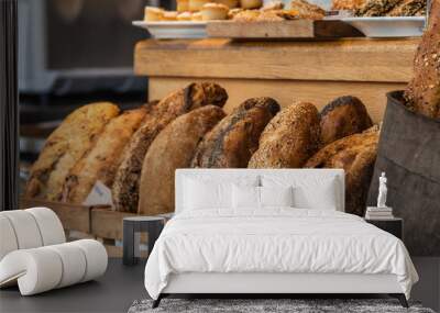 variety of bread on a stand of a bakery Wall mural