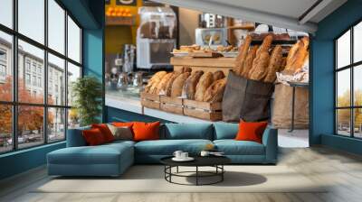 variety of bread on a stand of a bakery Wall mural