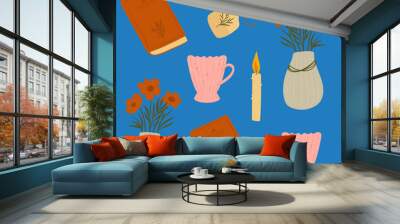 pattern with old evening atmosphere. books, candles, flowers and tea. seamless print Wall mural