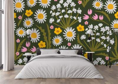 rustic background with flowers and leaves. botanical seamless pattern with flowering plants. summer print for fabric. daisies and leaves scattered chaotically. Wall mural