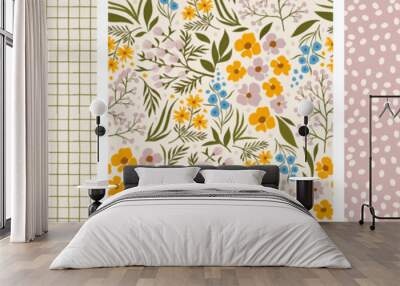 set of elegant floral seamless backgrounds. botany endless illustration. twigs and flowers, checkered background, background with dots. delicate flowers for cover, fabric and poster. Wall mural