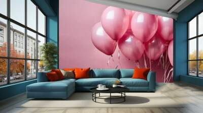 a generative ai image of pink helium party balloons floating on a pink background Wall mural