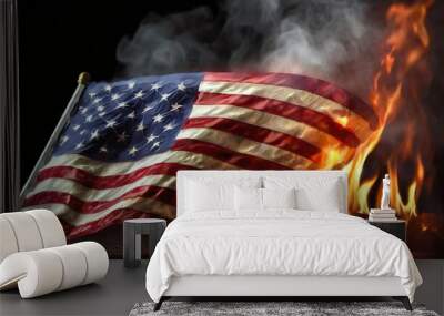 american flag burning in flames and smoke on dark background with copy space usa vs china flag on fire generated Wall mural