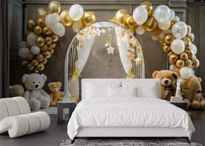 arch decorated with golden white balloons and soft teddy bears for birthday party celebration concept trendy decor copy space place for text children s photo zone for girl 1 year and photo wall Wall mural