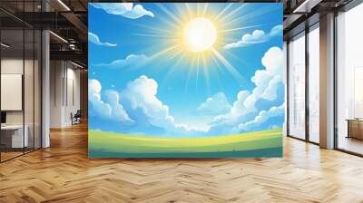 blue sky with clouds anime style background with shining sun and white fluffy clouds sunny day sky scene cartoon vector illustration heavens with bright weather generative ai Wall mural