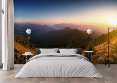 breathtaking panorama of morning wild nature high in mountains Wall mural