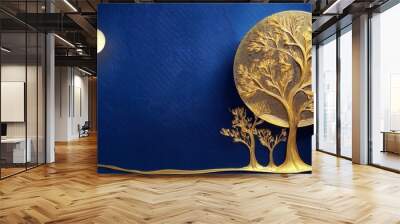 golden trees of life on abstract blue canvas showered by moonlight Wall mural