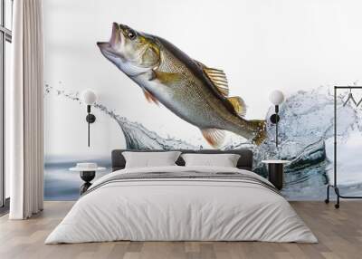 largemouth bass fish jumping out of water isolated on white background Wall mural