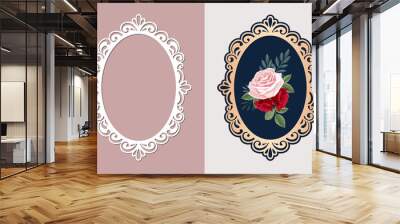 Lace oval frame cut template, Vintage background with rose flower in an openwork frame, vector. Wall mural