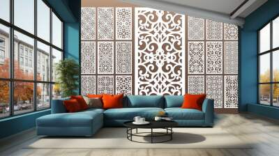 Laser cut cabinet fretwork perforated panel in arabic style. Ornamental panels template set for cutting exterior, rate 1;2. Metal, paper or wood carving. Outdoor screen. Wall mural