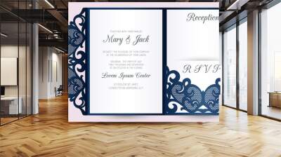 Laser cut wedding tri fold pocket envelope template vector. Wedding invitation or greeting card with abstract ornament. Suitable for greeting cards, invitations, menus. Wall mural