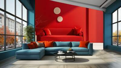 Minimalist Red Living Room Interior Design with Red Sofa, White Vase, and Two Round Wall Decorations. Wall mural