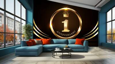 Celebrating 1 years anniversary logo with golden ring and ribbon, laurel wreath vector design. Wall mural