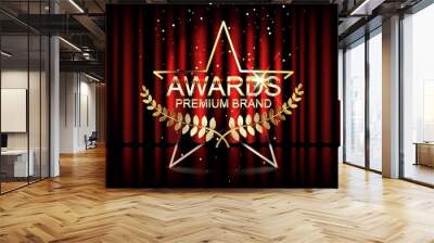 Gold award badge with star isolated on red curtain background. Wall mural