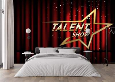 Golden talent show text in the star over red curtain. Event invitation poster. Festival performance banner. Wall mural