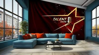 Golden talent show text in the star over red curtain. Event invitation poster. Festival performance banner. Wall mural