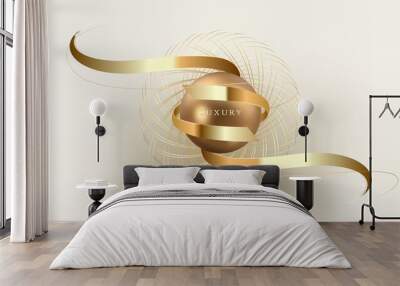 Luxury background with realistic 3d ball and gold ribbon element with glitter light effect decoration and bokeh. Wall mural