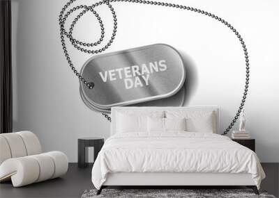 Realistic metal dog tag and chain on grey background with shadow. Wall mural