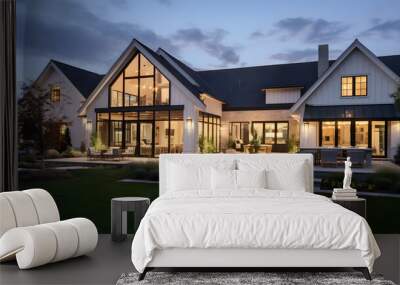 Beautiful modern farmhouse style luxury home exterior at twilight. generative ai. Wall mural