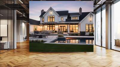 Beautiful modern farmhouse style luxury home exterior at twilight. generative ai. Wall mural